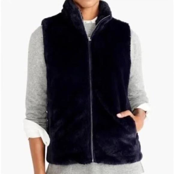 J. Crew Factory Navy Faux Fur Vest Size Small - Picture 1 of 9